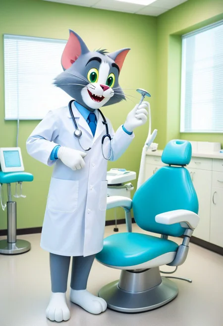 (Tom & jerry),Cartoon (Tom:1.35) cat as a doctor, in a doctor suit, in the dental office at the dentist's chair, with a model of the tooth in his hands, looking up with an adventurous gleam in his eyes, full length shot