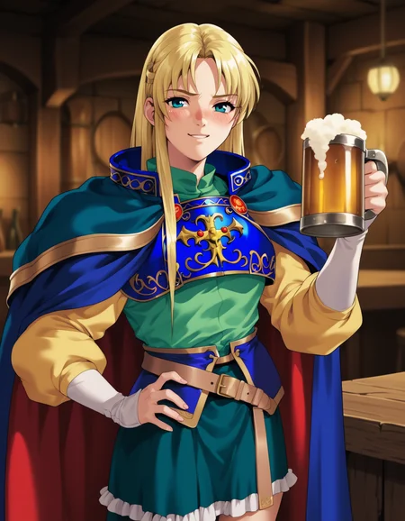 score_9,  score_8_up, score_7_up <lora:sharon-ponyxl-000011:1> wwsharon, breastplate, blue cape, red cape, two-sided cape, green shirt, yellow sleeves, green skirt,
1girl, solo, beer mug, drunk, tavern