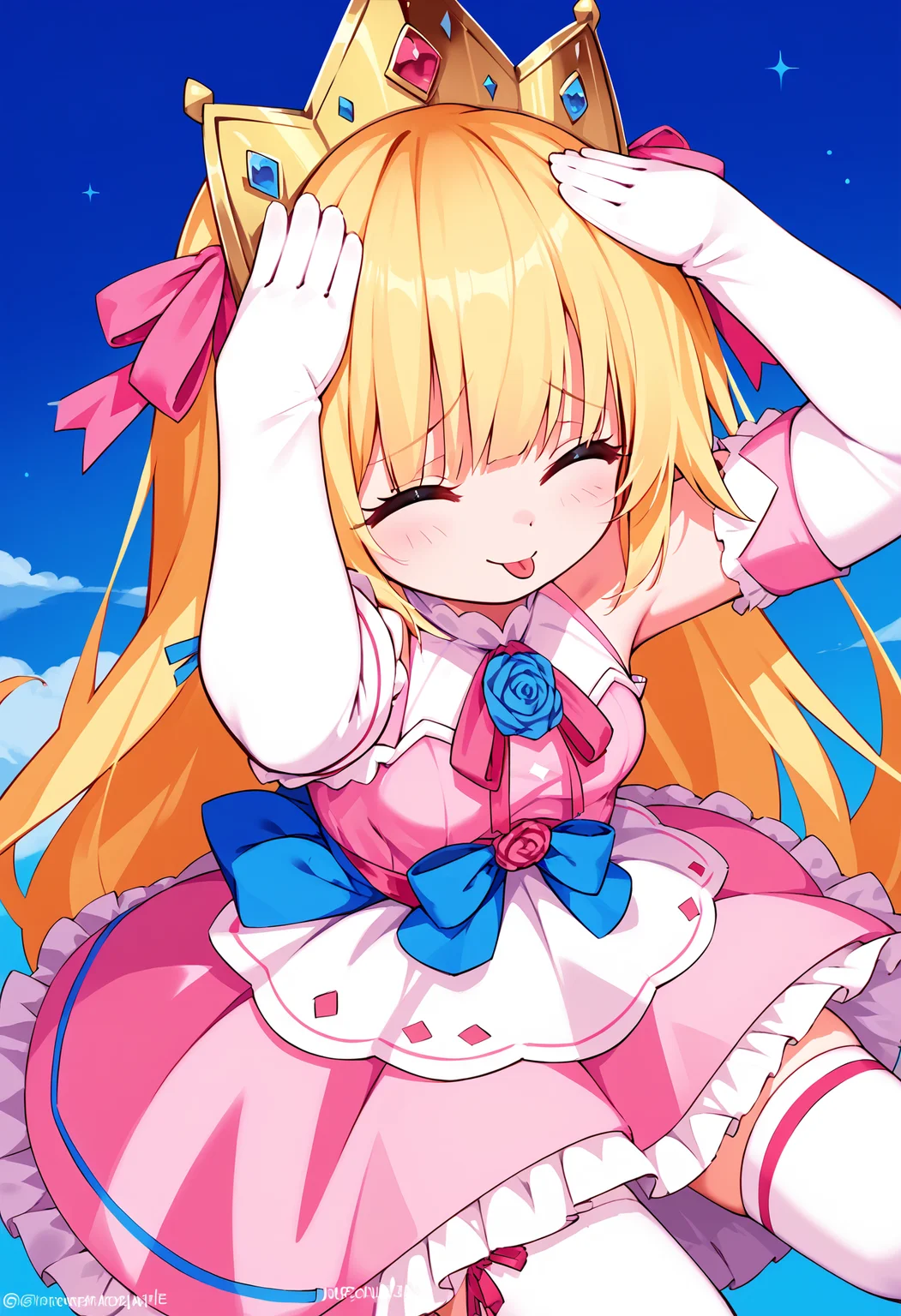 score_9, score_8_up, score_7_up,source_anime,rating_explicit,uncensored,anatomically correct,best perspective BREAK
1girl, solo, <lora:PrincessRutee:1> rutee, blonde hair, long hair, blue eyes, thighhighs, dress, pink dress, crown, gloves, elbow gloves, white gloves, ribbon, detached sleeves, pink footwear,
<lora:AhEtoBlehMeme_pdxl_Incrs_v1:1> AhEtoBlehMeme, closed eyes, tongue out, :p, hands on own head, smile