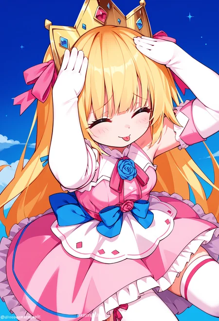 score_9, score_8_up, score_7_up,source_anime,rating_explicit,uncensored,anatomically correct,best perspective BREAK
1girl, solo, <lora:PrincessRutee:1> rutee, blonde hair, long hair, blue eyes, thighhighs, dress, pink dress, crown, gloves, elbow gloves, white gloves, ribbon, detached sleeves, pink footwear,
<lora:AhEtoBlehMeme_pdxl_Incrs_v1:1> AhEtoBlehMeme, closed eyes, tongue out, :p, hands on own head, smile