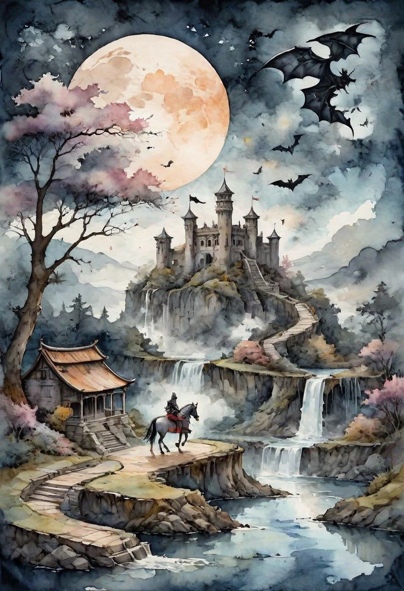 peach momoko style ink illustration, on parchment, ink splashes, ink stains, ink smears, faded ink, castle in ruins, bats in the distance, knight riding horse, moon, waterfall, river, in the clouds, fractals, night, gloomy tones, linquivera