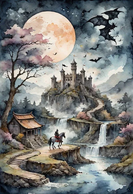peach momoko style ink illustration, on parchment, ink splashes, ink stains, ink smears, faded ink, castle in ruins, bats in the distance, knight riding horse, moon, waterfall, river, in the clouds, fractals, night, gloomy tones, linquivera