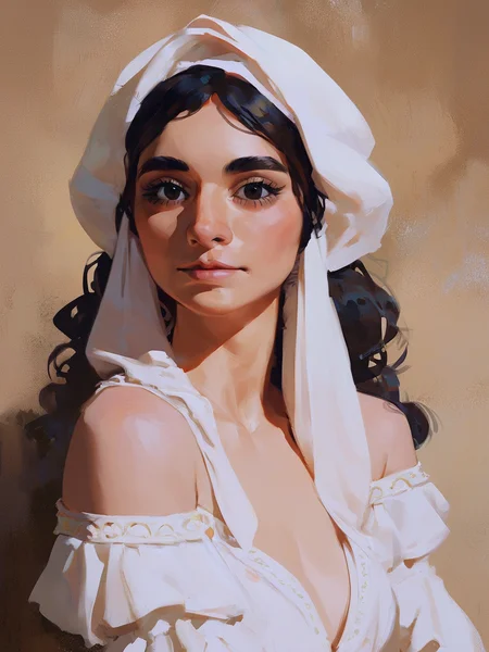 score_9, score_8_up, score_7_up,
1girl, gypsy latina, (esmeralda:0.5), (portrait:0.8), (18 years old:1.1), young,
white (gypsy:1.2) dress, vintage, naked off shoulders, 18th century,
(medium large breasts:0.8), (saggy breasts:0.8), (long hair:0.8), (bangs:0.3), black hair,
(brown eyes:0.5), (thick eyebrows:0.7), (blush:0.6), (freckles:0.4), dimples,
(gothic:0.5), (looking at viewer:0.6), (facing viewer:0.7), (upper-body:0.9), (medium shot:0.8),
(realistic style:0.9), (ultra-detailed:0.9), (sunny:0.8), (shadow:0.3),  <lora:Graphic_Portrait:0.84> <lora:incase_style_v3-1_ponyxl_ilff:0.32> <lora:[GP]Thicc_Style_XL_[Pony_XL]:0.38> <lora:[GP]_Bongfill_Style_[Pony_XL]:0.38> <lora:Organic_Sauce_epoch_13:0.28> <lora:Expressive_H-000001:0.1> <lora:gr33kd0ll:0.0> <lora:torogao_v4-000010:0.0>