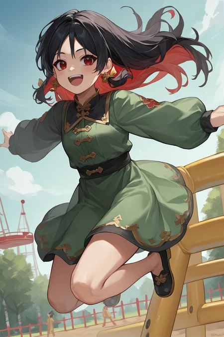 source_anime, score_9, score_8_up, solo, 1girl, <lora:moran-nikke-richy-v1_pdxl:0.9> moran, black hair, long hair, colored inner hair, multicolored hair, red hair, red eyes, tassel earings. jumping, playground, happy, sunny day, green dress, hair ribbon