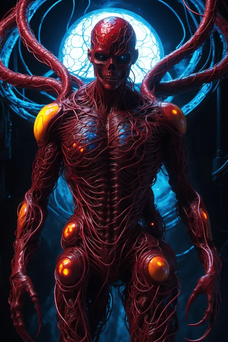 a cybermutant fleshmutant made of pulsating flesh and biomechanical limbs, fusion of flesh and machine, quivering tumors, fleshy growths, mutagenic, cybernetic hoses, wires, anime style, 2d, fighting game style masterpiece, best quality, ultra realistic, 32k, RAW photo, detail skin, 8k uhd, dslr, high quality, film grain,\nShort and messy hair, dynamic, vibrant, action-packed, detailed character design, reminiscent of fighting video games, black bloody veins growing and intertwining out of the darkness, oozing thick neon rainbow blood, veins growing and pumping blood, vascular networks growing, connecting, expanding, red veins everywhere, zdzislaw beksinski, (vibrant colors:1.1), (Infrared:1.2), Rust, Hypercube, ultra detailed, intricate, oil on canvas, ((dry brush, ultra sharp)), (surrealism:1.1), (disturbing:1.1), beksinski style painting, sparks, lens flare, rim lighting, backlighting, RTX, Post Processing, satanic cross, man body, muscular, venom costume, (japanese portal), death shadow nightmare ethereal beast, floating into the abyssal heights, nebula, cinematic, dreaming, Film light, bathing in light, very sharp focus, Hyper detailed, Hyper realistic, masterpiece, spiritual, surreal, atmospheric, maroon cream bronze, High resolution, Vibrant, High contrast, dark angle, 8k, HDR, 500px, dystopian
<lora:ab0m1:0.4>, ab0m