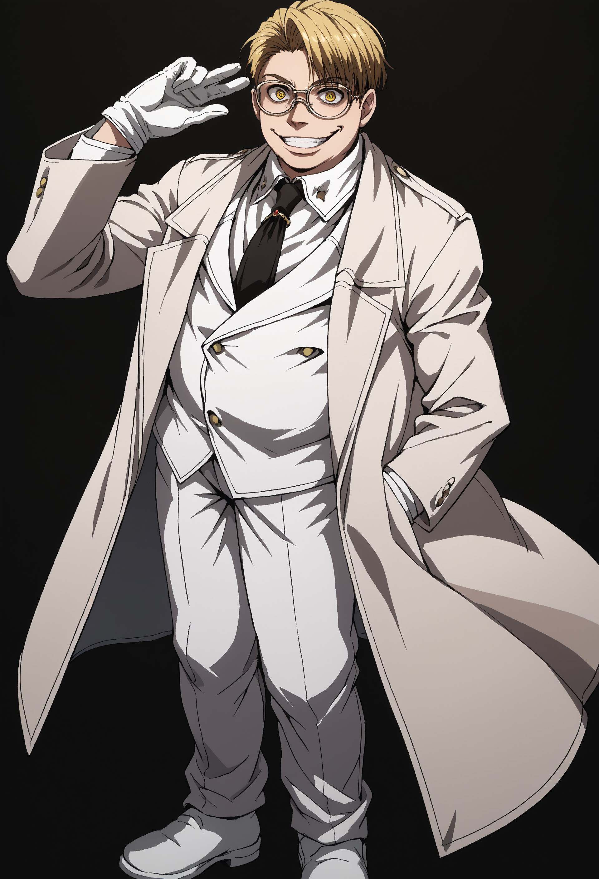 score_9, score_8_up, score_7_up, masterpiece, best quality, amazing quality, very aesthetic, absurdres, 1boy, solo, male focus, blonde hair, short hair, yellow eyes, glasses,  fat, white overcoat, white jacket, white shirt, collared shirt, black necktie, white gloves, white pants, white shoes, standing, looking at viewer, dark, black background, hand up, evil grin, crazy eyes, perspective,