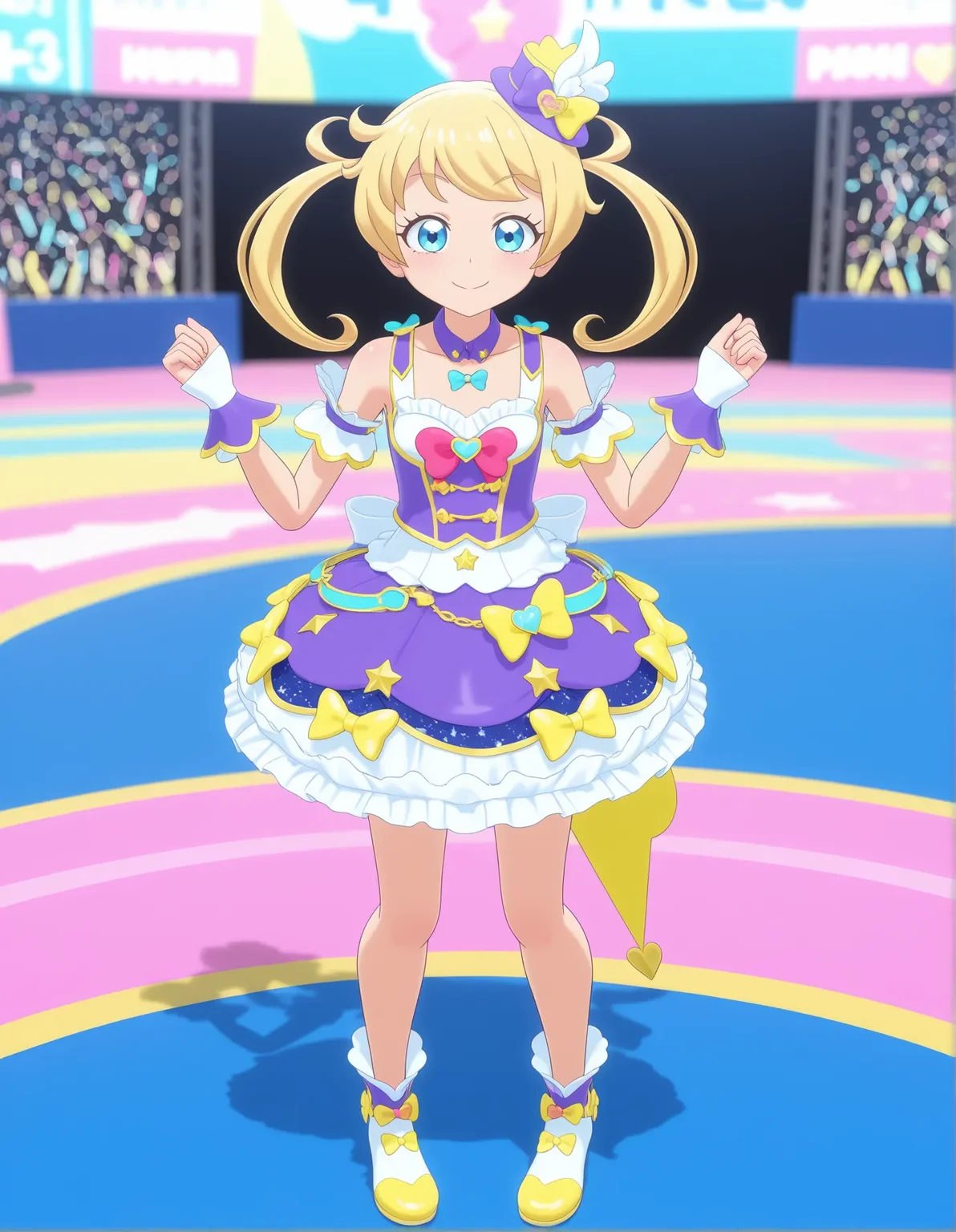 safe,best quality,very aesthetic,absurdres,newest,masterpiece,1girl,solo,highres,anime coloring,smile,closed mouth,  ,surprise,full body, ,,closed eyes,<lora:il-prichan-emo1.0:1>,kiratto pri chan,moegiemo3d,3d,blue eyes,hair ornament,blonde hair,twintails,small breasts,idol clothes,anime screenshot,