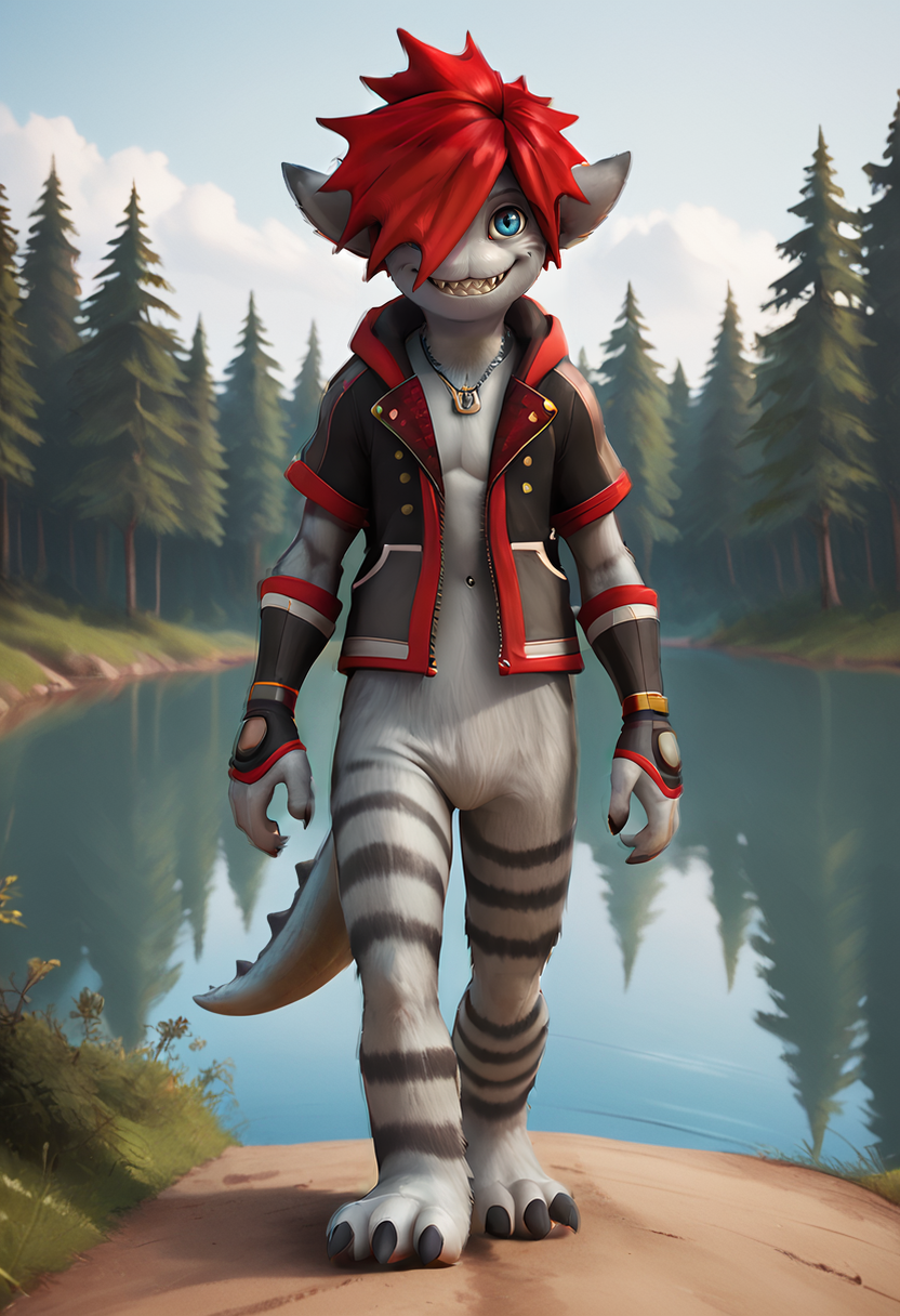 score_9, score_8_up, score_8,
walking, lake, trees, tent, 
 <lora:Monster_Sora:0.8> 1boy, furry, s0r4, red hair, blue eyes, tail, hair over one eye, jewelry, jacket, sharp teeth, smile, solo