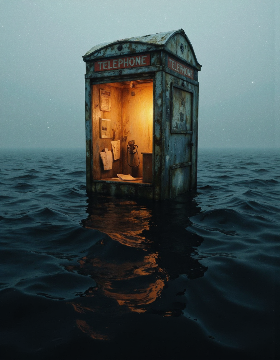 A highly detailed CGI (computer-generated imagery) rendering of a vintage telephone booth standing in the middle of a vast, dark body of water. The booth is illuminated from within, casting a warm, orange-yellow glow that contrasts starkly with the deep blue and black hues of the surrounding water. The booth's exterior is a faded, weathered gray with a red sign at the top that reads "TELEPHONE" in bold, white letters. Inside, the booth is dimly lit, revealing a small, wooden desk with a phone and a few papers scattered on it. The water around the booth is rippled, creating a reflective surface that mirrors the light from the booth, adding a surreal, dreamlike quality to the scene. The overall atmosphere is eerie and somewhat melancholic, enhanced by the misty, foggy background that blurs the horizon and adds to the isolation of the scene. The textures of the water and the booth are meticulously detailed, with the water appearing smooth yet slightly turbulent, and the booth's surface showing signs of age and wear. This image evokes a sense of abandonment and solitude, with the telephone booth as a lone, illuminated beacon in an otherwise dark and mysterious setting. <lora:landscape:1>
