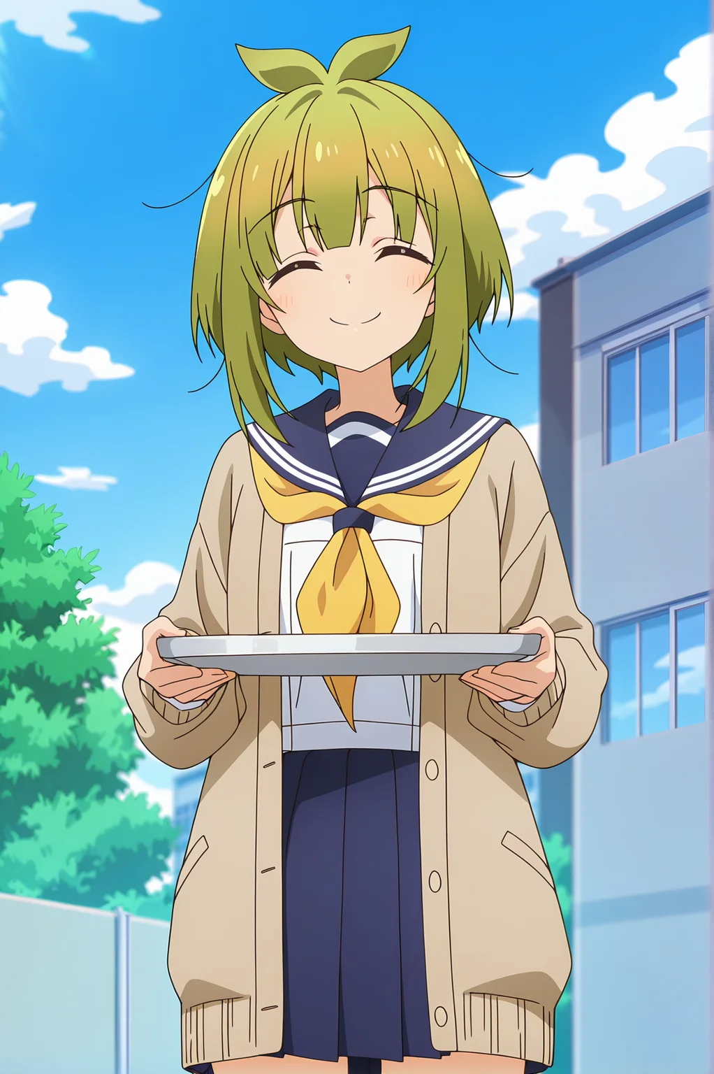 detailed background, official style,anime coloring, (anime screencap) masterpiece, detailed face,1girl <lora:Meme_Bashame_r2:0.8>Meme, solo, closed eyes, green hair, smile, skirt, school uniform, facing viewer, outdoors, sailor collar, sky, holding, cardigan, day, serafuku, pleated skirt, closed mouth, neckerchief, white shirt, cloud, shirt, open clothes, blue skirt, blue sky, holding tray, bangs, blurry, tray, open cardigan, long sleeves, brown cardigan