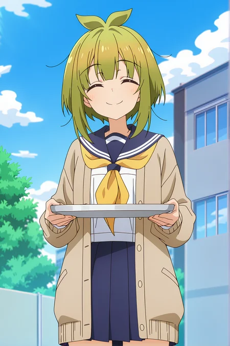 detailed background, official style,anime coloring, (anime screencap) masterpiece, detailed face,1girl <lora:Meme_Bashame_r2:0.8>Meme, solo, closed eyes, green hair, smile, skirt, school uniform, facing viewer, outdoors, sailor collar, sky, holding, cardigan, day, serafuku, pleated skirt, closed mouth, neckerchief, white shirt, cloud, shirt, open clothes, blue skirt, blue sky, holding tray, bangs, blurry, tray, open cardigan, long sleeves, brown cardigan