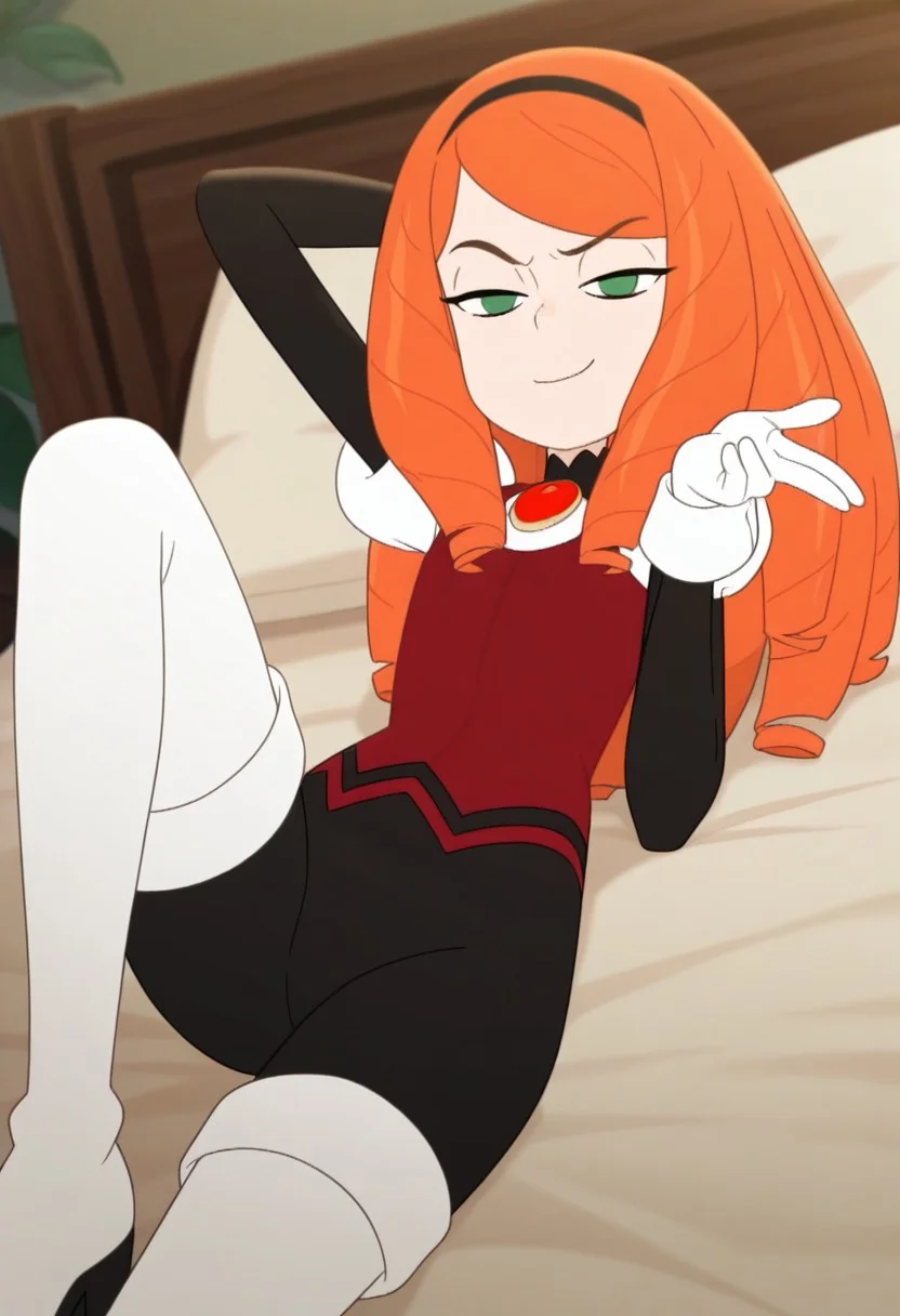 masterpiece, best quality, amazing quality, very aesthetic, absurdres, score_9, score_8_up, score_7_up, score_6_up, best_quality, beautiful body, perfect hands, hands, Perfect, detailed eyes, cowboy shot, 3D art style, 1girl, MinaDroners, green eyes, orange hair, long hair, drill hair, black hairband, bodysuit, black long-sleeved black top with a zigzagged turtleneck, white shirt, red brooch, puff sleeves, dark red vest, white cuffed gloves, black shorts, fur trim, white thighhighs, white thigh boots, sexy pose, looking at viewer, dutch angle, sexy pose, lying on back on bed, one knee up, one hand behind head, blowing kiss with one hand, smug