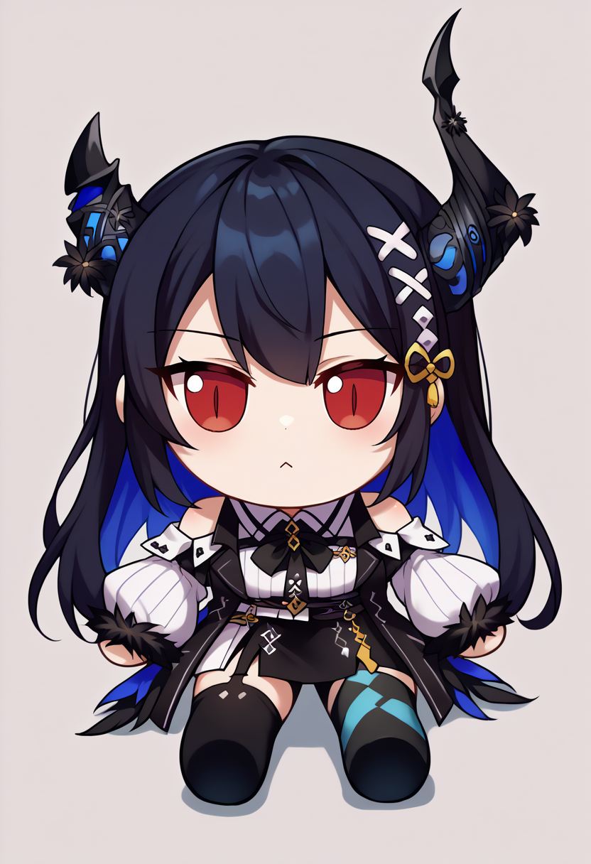 score_9, score_8_up, score_7_up, source_anime, 1girl, solo, (fumo \(doll\), chibi, sitting:1), NerissaBase, colored inner hair, black hair, blue hair, red eyes, slit pupils, uneven horns, long hair, hair ornament, black ribbon, fur-trimmed sleeves, black sleeves, collared shirt, white shirt, ribbed shirt, shoulder cutout, black gloves, black skirt, miniskirt, side slit, singe leg pantyhose, checkered pantyhose, black thighhighs, asymmetrical legwear, <lora:ChamNerissaRavencroftPonyXL:1.0> <lora:style_toyfumo_ponyXL:1>