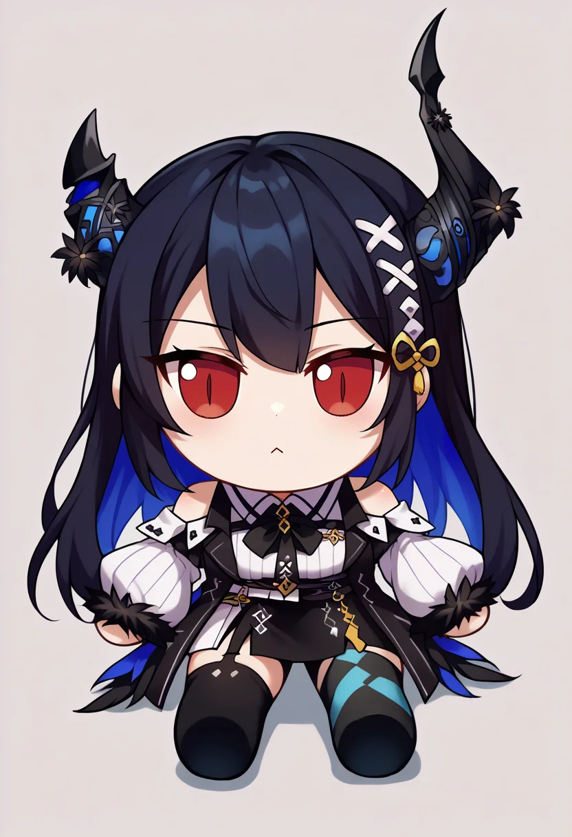 score_9, score_8_up, score_7_up, source_anime, 1girl, solo, (fumo \(doll\), chibi, sitting:1), NerissaBase, colored inner hair, black hair, blue hair, red eyes, slit pupils, uneven horns, long hair, hair ornament, black ribbon, fur-trimmed sleeves, black sleeves, collared shirt, white shirt, ribbed shirt, shoulder cutout, black gloves, black skirt, miniskirt, side slit, singe leg pantyhose, checkered pantyhose, black thighhighs, asymmetrical legwear, <lora:ChamNerissaRavencroftPonyXL:1.0> <lora:style_toyfumo_ponyXL:1>