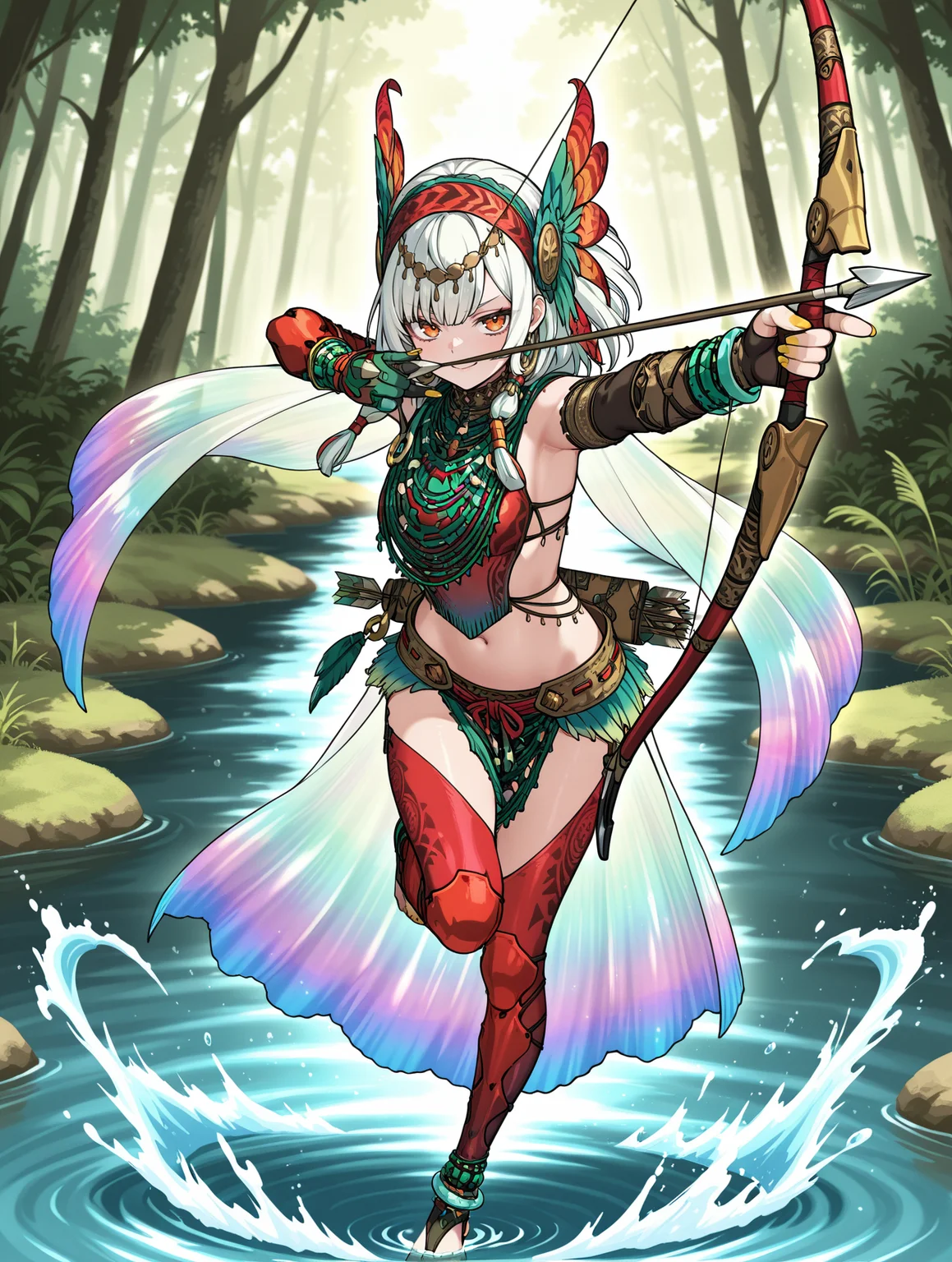 uth duna armor, 1girl, orange eyes, yellow nails, standing on one leg, fighting stance, white hair,  aiming at viewer, holding bow \(weapon\), bow \(weapon\), arrow \(projectile\), water, orange feather headdress, green loincloth, orange halterneck, orange toeless legwear, orange asymmetrical gloves, see-through waist cape, see-through long sleeves, tribal earrings, full body,drawing bow, smug
masterpiece,best quality,amazing quality,very aesthetic,absurdres,newest,<lora:Uth Duna Armor illuXL v1.4:0.77>,<lora:wai-2Rectified-V140:0.7>,