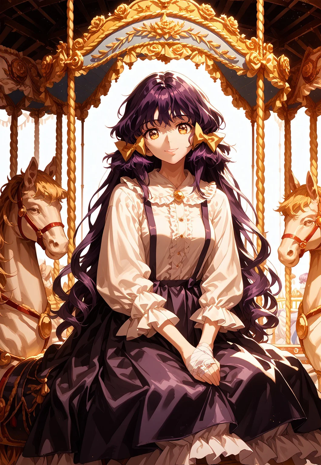 safe_pos, score_9, score_8_up, score_7_up, score_6_up, score_5_up, score_4_up, anime_source, QBBvintage, masterpiece, best quality, ultra detailed background, highly detailed, fine details, ambient light, dynamic lighting, soft lighting, 1girl, medium breasts, very detailed hands, beautiful face, detailed face and eyes, Enjel, purple hair, hair bow, broach, overalls, white shirt, purple skirt, bandaged hand, glossy hair, glossy lips, carousel, sitting, riding, smile