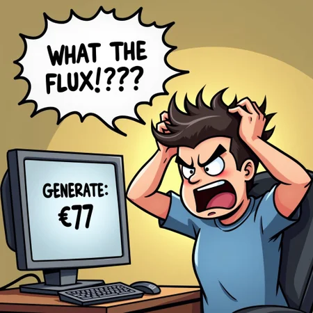 Cartoon of an enraged CivitAI user with both hands on his head pulling out his hair in anguish as he stares in horror at his computer screen, which reads "GENERATE: ⚡77". A speech bubble above the user's head reads "WHAT THE FLUX!?!?"
