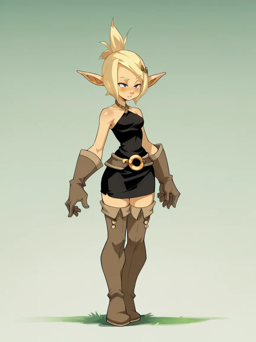 score_9, score_8_up, score_7_up, score_6_up, score_5_up, <lora:wakfuXLP:1> wakfu, 1girl, blonde hair, pointy ears, full body, black dress, thigh boots, gloves, belt