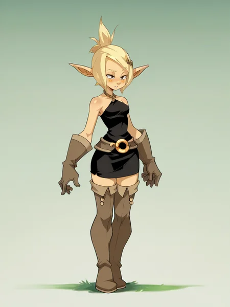 score_9, score_8_up, score_7_up, score_6_up, score_5_up, <lora:wakfuXLP:1> wakfu, 1girl, blonde hair, pointy ears, full body, black dress, thigh boots, gloves, belt