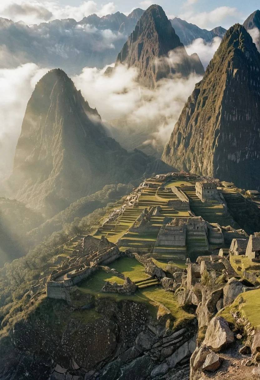 their peaks veiled in mist. mixed media, surrealism, great lighting, A surreal landscape highly detailed . extremely high-resolution details, appears trapped in an optical illusion of reflections and refractions colorful , Machu Picchu high up in the mountains, professional photography, natural lighting, volumetric lighting maximalist. intricately detailed, complex, elegant, expansive, fantastical, film photography style, medium grain