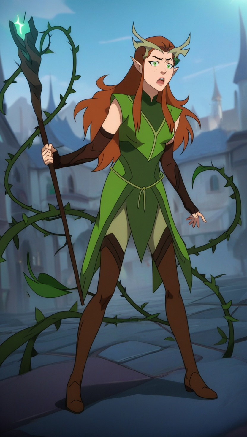 score_9_up, score_8_up, score_7_up, score_6_up, score_5_up, score_4_up, (show accurate style:1.2), source_cartoon , flat colors, Keyleth, 1girl, solo, long hair, orange hair, freckles,  antlers, green eyes, pointy ears, green robes, fingerless elbow gloves, brown boots, full body, serious expression, depth of field, facing viewer, foreshortening, holding staff, casting spell, AddXL,Perfect Hands, (magic,summoning, vines), open mouth, city exterior, dynamic pose, dynamic angle, 