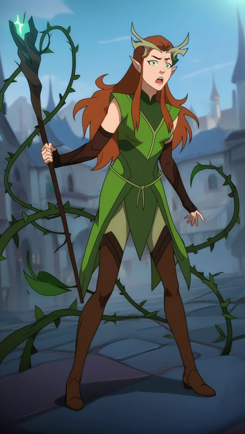 score_9_up, score_8_up, score_7_up, score_6_up, score_5_up, score_4_up, (show accurate style:1.2), source_cartoon , flat colors, Keyleth, 1girl, solo, long hair, orange hair, freckles, antlers, green eyes, pointy ears, green robes, fingerless elbow gloves, brown boots, full body, serious expression, depth of field, facing viewer, foreshortening, holding staff, casting spell, AddXL,Perfect Hands, (magic,summoning, vines), open mouth, city exterior, dynamic pose, dynamic angle,
