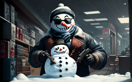 a snowman wearing a PAYDAY 2 mask robbing a bank, indoors, carbine, heist, robbery, cinematic lighting, wallpaper, concept art, UHD, professional