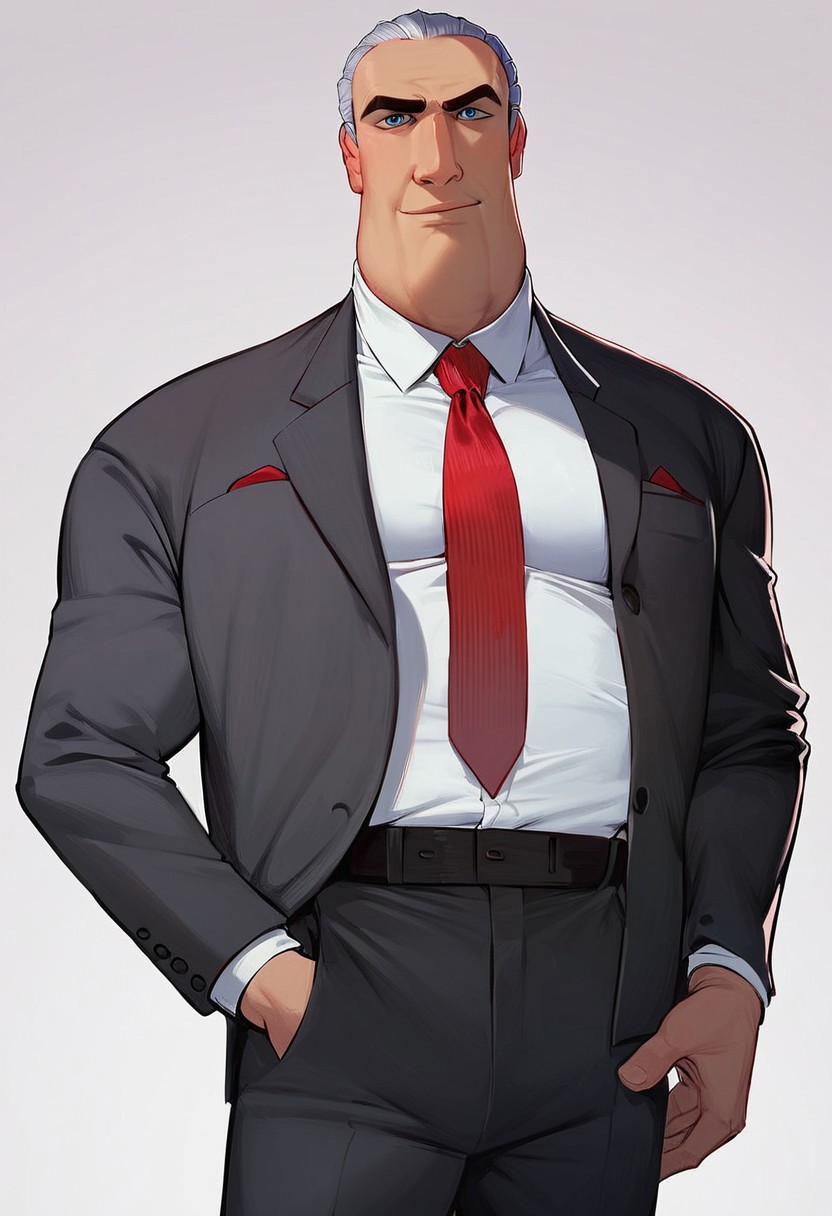 (score_9, score_8, score_9_up, score_8_up, score_7_up), easynegative, perfect eyes, 4k, Ultra-Detailed, Ultra-Highres, High quality, André Bourgeois, slicked back hair, gray hair, short hair, blue eyes, tall man, suit, dark gray jacket, tied jacket, white shirt, collared shirt, red necktie, red handkerchief in the jacket's upper pocket, dark gray slacks, sash, sash over his right shoulder, looking at view Break, simple background