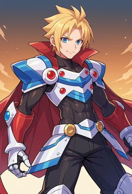 score_9, score_7_up, source_anime, BREAK <lora:GunvoltMain:1> Azure Striker Gunvolt(Main), solo,, smile, 1boy, blue eyes, blonde hair, parted bangs, hair intakes, armor, pauldrons, cuirass, gauntlets, waist cape, greaves, black bodysuit, surcoat, shoulder sash, wing shoulder armor, red cape, pants,