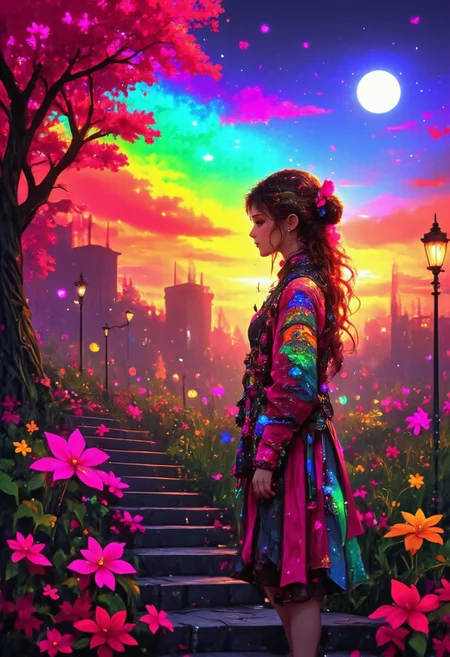 Portrait, stairs, earrings, solo, long hair, cherry, grass, night and day, gradient, star (symbol), rainbow hair, closed mouth, vibrant rainbow, magical,tree, Lynx, moon, colorful, sparkles, pink background, pointy ears, closed eyes, scales, piercing, hair bow, building, double bun, 1girl, heart, flower, cute creatures, intricate but simple background, Real-Faceji, ffdac