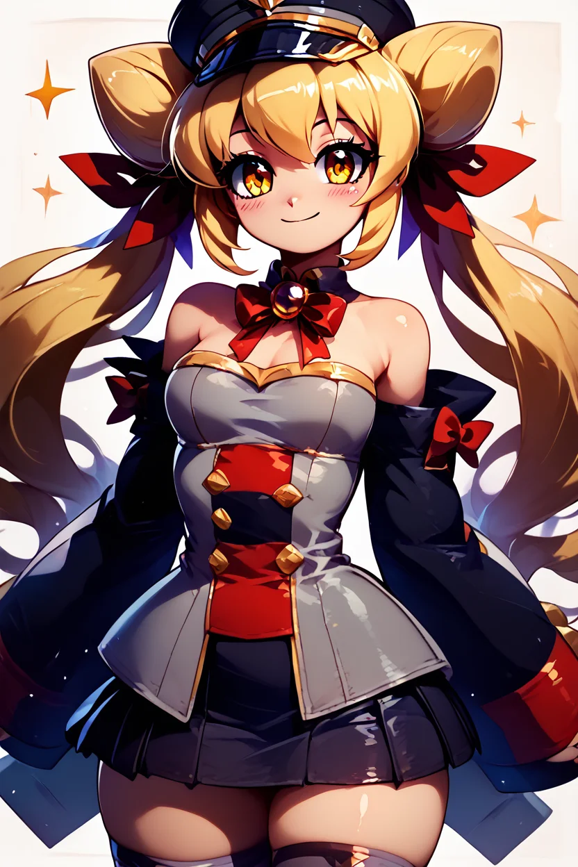 score_9, score_8_up, score_8, medium breasts, (curvy), cute, eyelashes, BREAK, , zzGiratanya, yellow eyes, long hair, blonde hair, twintails, cone hair bun, double bun, hair bun, black military hat, grey military uniform, black skirt, thighhighs, long sleeves, ribbon, bare shoulders, hair ribbon, detached sleeves, <lora:Giratanya_CitronOC_PDXL_v2:0.8>,, BREAK, smile, closed mouth, looking at viewer, cowboy shot, ,,, embedding:zPDXL, Expressiveh, ,,, <lora:Konpeto_PDXL_v3:1.0>, <lora:SDXLFaeTastic2400:0.5>, <lora:Expressive_H-000001:0.4>,