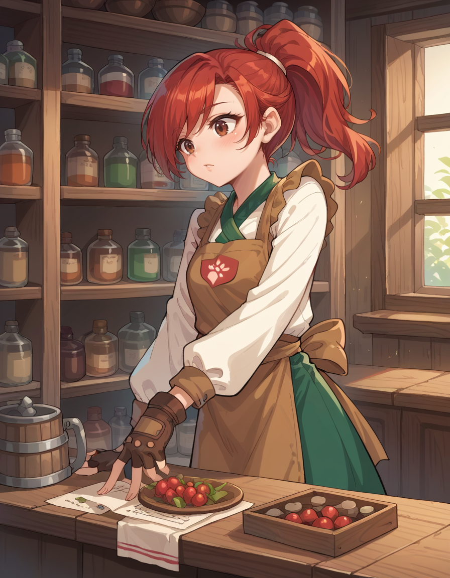 score_9, score_8_up, score_7_up,  <lora:Aria_-_Adventure_Quest-000001:0.6> aia_aria_aq, red hair, ponytail, brown apron, fingerless gloves, green skirt, long sleeves, brown eyes, fantasy, potions, shelves, counter, solo