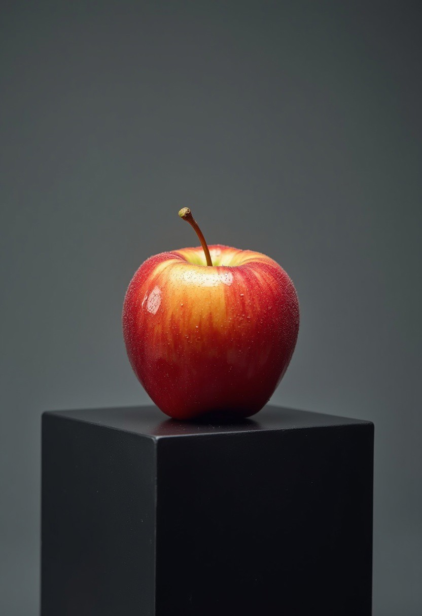 a solitary rainb0w m0rph apple, glistens colourfully on a matt black pedestal, against a grey gradient background