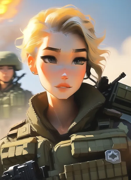 samdoesarts;  an image of woman with short blonde hair, with military gear, cargo pants, (intricate), (detailed), digital art,  dynamic pose, in a battlefield