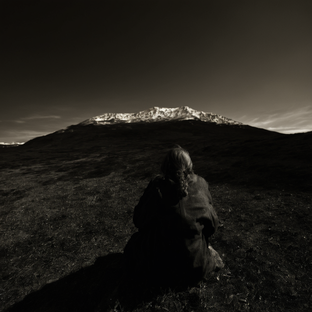 <lora:SDXL_feelings_Sa_May-v5:1> feelings, a woman sitting on a hill with a mountain in the background