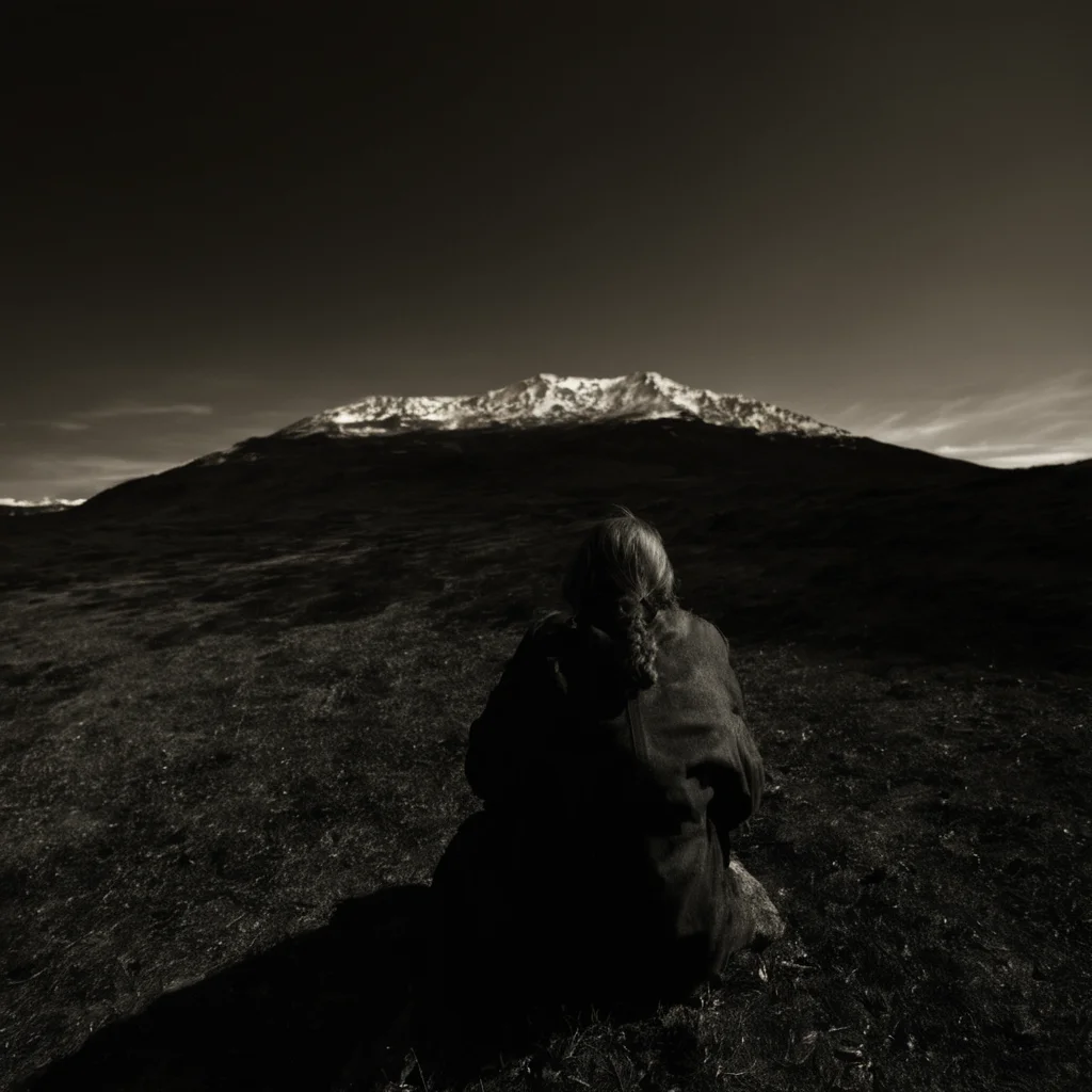 <lora:SDXL_feelings_Sa_May-v5:1> feelings, a woman sitting on a hill with a mountain in the background