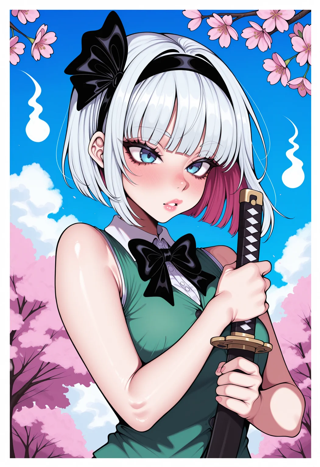 <lora:mixed:1>, STYLE_M1X, masterpiece, absurdres,amazing quality, best quality, extremely detailed, detailed background,1girl,bare arms,black bow,black bowtie,black hairband,black ribbon,blue eyes,blue sky,blunt bangs,bob cut,border,bow,bowtie,branch,bud,cherry blossoms,cutting,determined,eyelashes,eyes visible through hair,floating hair,flower,gleam,green vest,hair ribbon,hairband,hitodama,holding,holding sword,holding weapon,katana,light blush,lips,outdoors,parted lips,pink flower,pink lips,ribbon,shirt,short hair,sky,solo,sword,tsurime,upper body,vest,weapon,white border,white hair,white shirt, nose blush