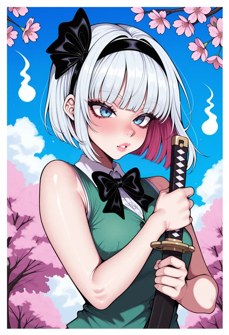 <lora:mixed:1>, STYLE_M1X, masterpiece, absurdres,amazing quality, best quality, extremely detailed, detailed background,1girl,bare arms,black bow,black bowtie,black hairband,black ribbon,blue eyes,blue sky,blunt bangs,bob cut,border,bow,bowtie,branch,bud,cherry blossoms,cutting,determined,eyelashes,eyes visible through hair,floating hair,flower,gleam,green vest,hair ribbon,hairband,hitodama,holding,holding sword,holding weapon,katana,light blush,lips,outdoors,parted lips,pink flower,pink lips,ribbon,shirt,short hair,sky,solo,sword,tsurime,upper body,vest,weapon,white border,white hair,white shirt, nose blush