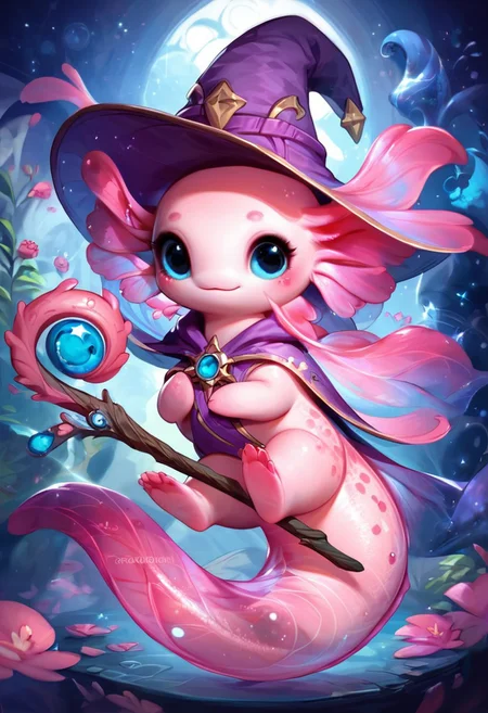 score_9, score_8_up, score_7_up, AxolotlWorldXLP, Expressiveh, very detailed, high quality, solo, 1 cute axolotl girl, feral, pale pink skin, thick tail, wizard hat, magical staff, flowing colorful tail, cosmic colors, translucent tail, abstract colors