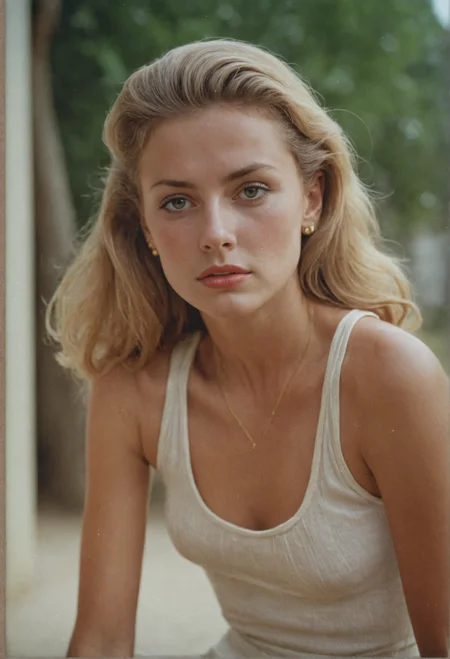 Vogue magazine photo by Slim Aarons, She's 25 and soviet, her body is slender. As she leans forward, her tank top neckline dipping low, revealing a glimpse of her medium nice breasts. Her hair falls forward, the golden strands brushing against her skin. Cinematic film still, analog film photo, ultrarealistic, raw photo, award winning, masterpiece, best quality, 8k, cinematic lighting, moody, absurdes, 35mm photo, grainy, vintage, Kodachrome, stained, highly detailed, shallow depth of field, highly detailed, high budget, bokeh, cinemascope, epic, film grain, grainy