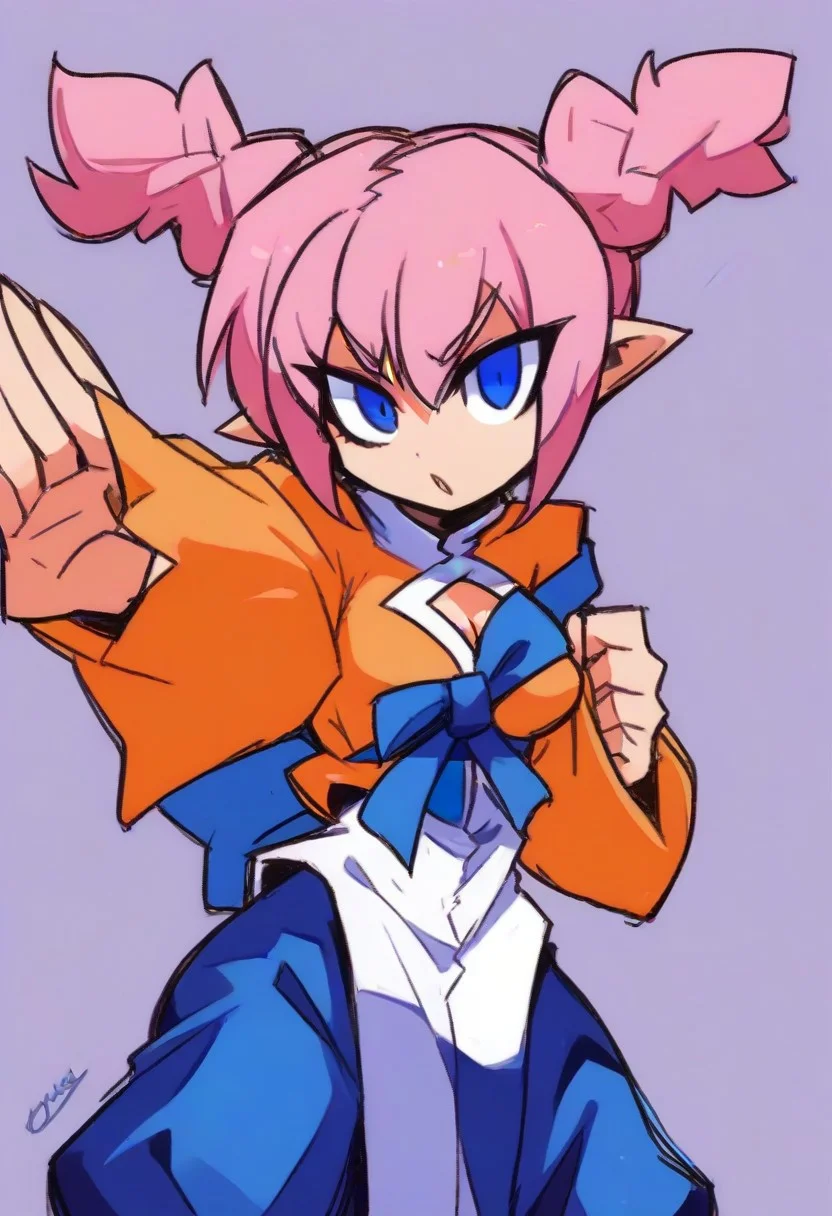 , fghtmstrssxl,twintails,blue eyes,pink hair,short hair,pointy ears,, cleavage cutout,orange shirt with long sleeves,blue pants,long white shirt,blue ribbon,long white pelvic curtain, ,bow,,<lora:FightMistressXL:0.9>,