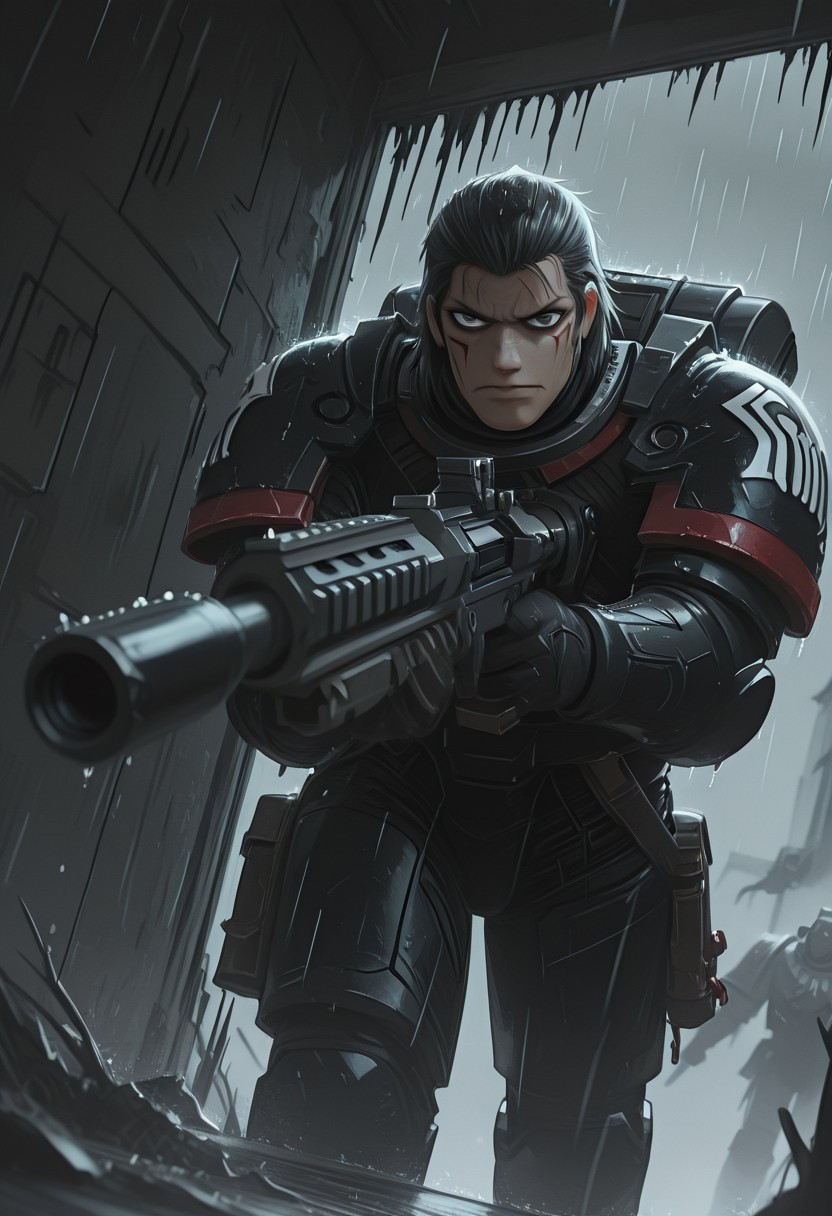 masterpiece, best quality, high quality, newest, highres,8K,HDR,absurdres, dynamic angle, realistic, 1boy, wearing edgRG_(power armor), pauldrons, raven emblem, solo, 1boy,  Raven, a handsome man, black hair,  black eyes, perfect eyes, holding a sniper, broken window, silhouette, creepy, backlit, haunted, lightnings and thunders, rain, rainy, fog, mist, cold, dutch angle, dark interior, solo, close up, mid shot, dutch angle, <lora:edgIllustriousXL_Raven_Guard:1>