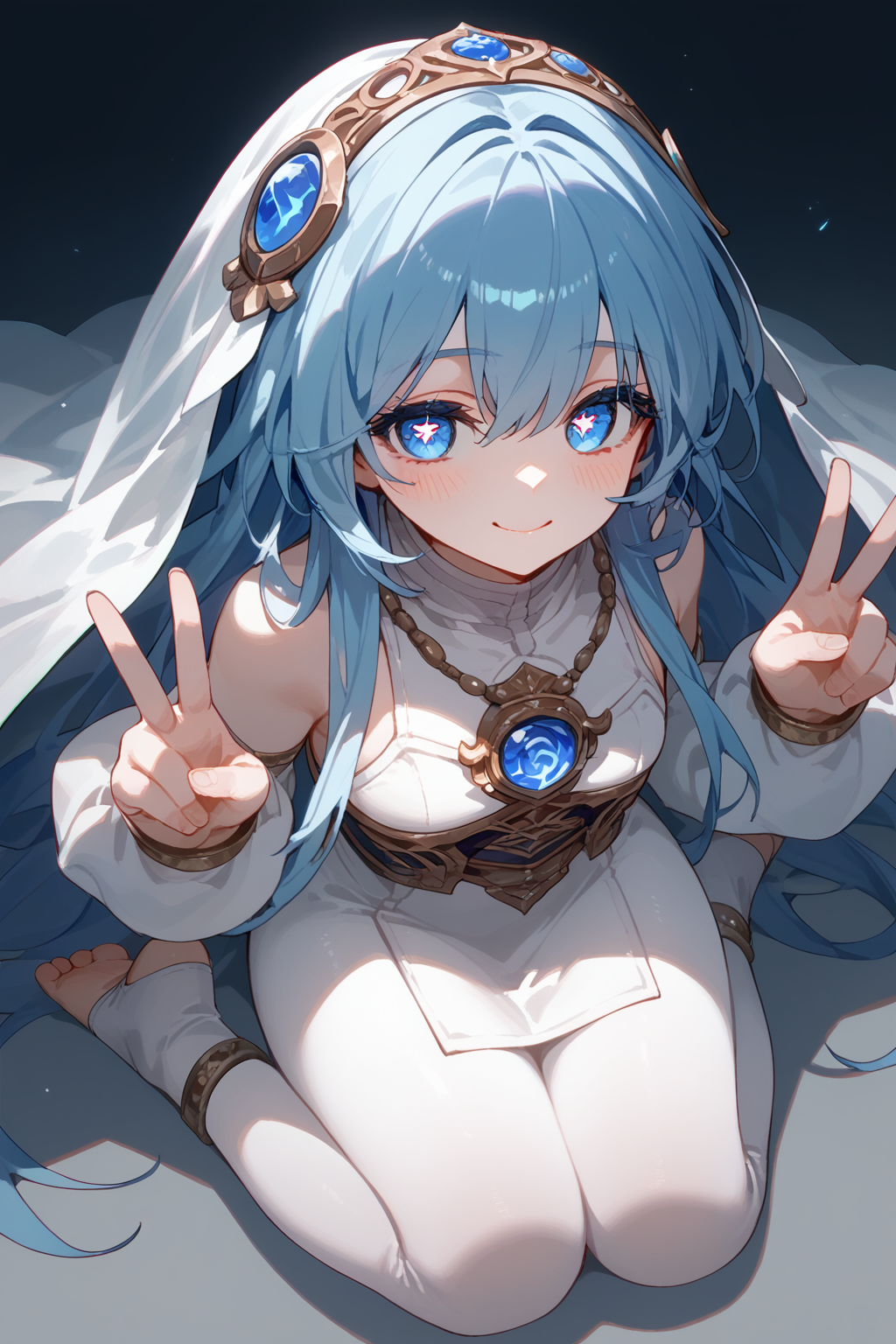 (score_9,score_8_up,score_7_up,),<lora:wushen-000018:0.9>,wushen,blue eyes,symbol-shaped pupils,blue hair,long hair,veil,hair ornament,white dress,jewelry,anklet,pantyhose,white dress,toeless legwear,blush,kneeling,face focus,from_above,double v,smile,