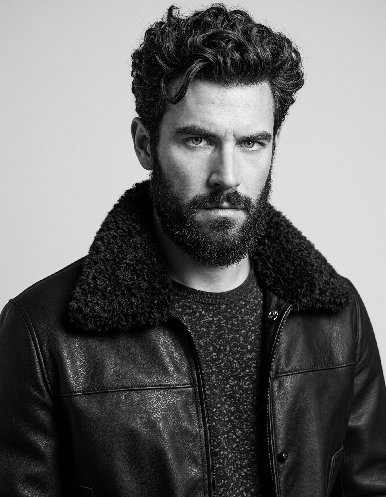 Man, approximately in his 30s, with wavy dark hair and a full beard. Hair styled with volume, lightly tousled. Light-skinned, possibly Caucasian. Strong, defined jawline. Wearing a dark, textured crew-neck shirt beneath a heavy leather jacket with fur lining. Serious expression, looking directly at the camera. Broad shoulders visible under the jacket. Neutral background enhances focus on the subject. Lighting highlights facial features. Rugged, fashionable appearance.