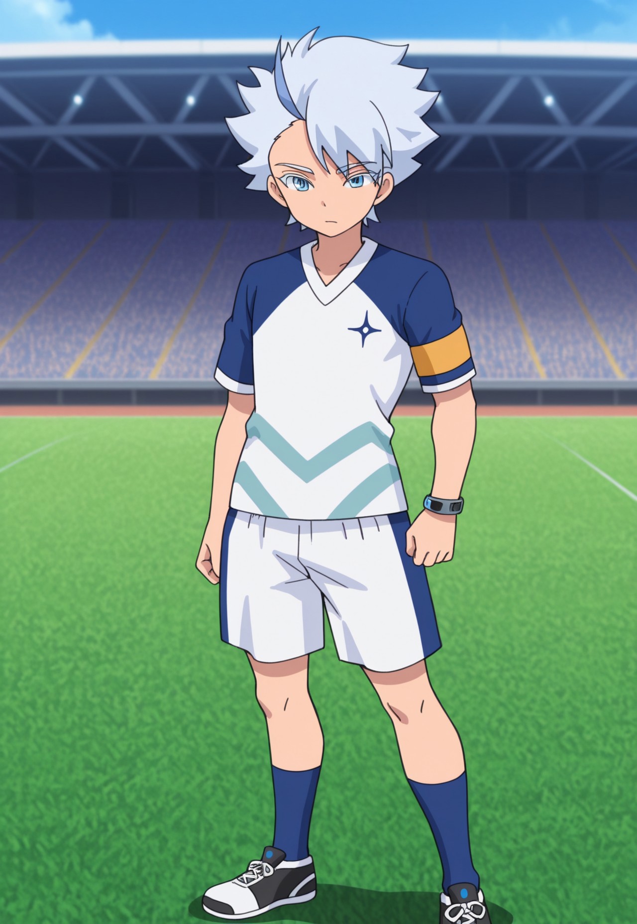 masterpiece,best quality,amazing quality, source_anime,

FroyGirikanan, 
1boy, male focus, solo, blue eyes, multicolored hair, grey hair, blue hair, supaku soccer uniform, shirt, raglan sleeves, short sleeves, multicolored shirt, blue and white shirt, armband, bracelet, shorts, white shorts, socks, blue socks, shoes, sneakers

outdoor, stadium, grass,