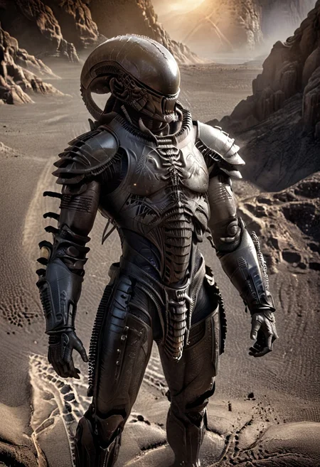 A muscular xenomorph hunter, monster, Ornamental armor, armor, Ornamental chestplate with black silver ancient alien runic ornaments, standing in a desert alone, (fantasy scenery:1.3), full body, intricate details, highly detailed, high resolution, HDR, realistic, dusty sunlight, ray_tracing, sun_flare, cinematic, perfect lighting, (vivid colors:1.3, color full:1.3), ultra detailed 8k cg, (best quality), (masterpiece:1.4), bokeh, depth of field, photorealistic, caustics, perfect shading,(hyperrealistic 3d render),art by hr giger,