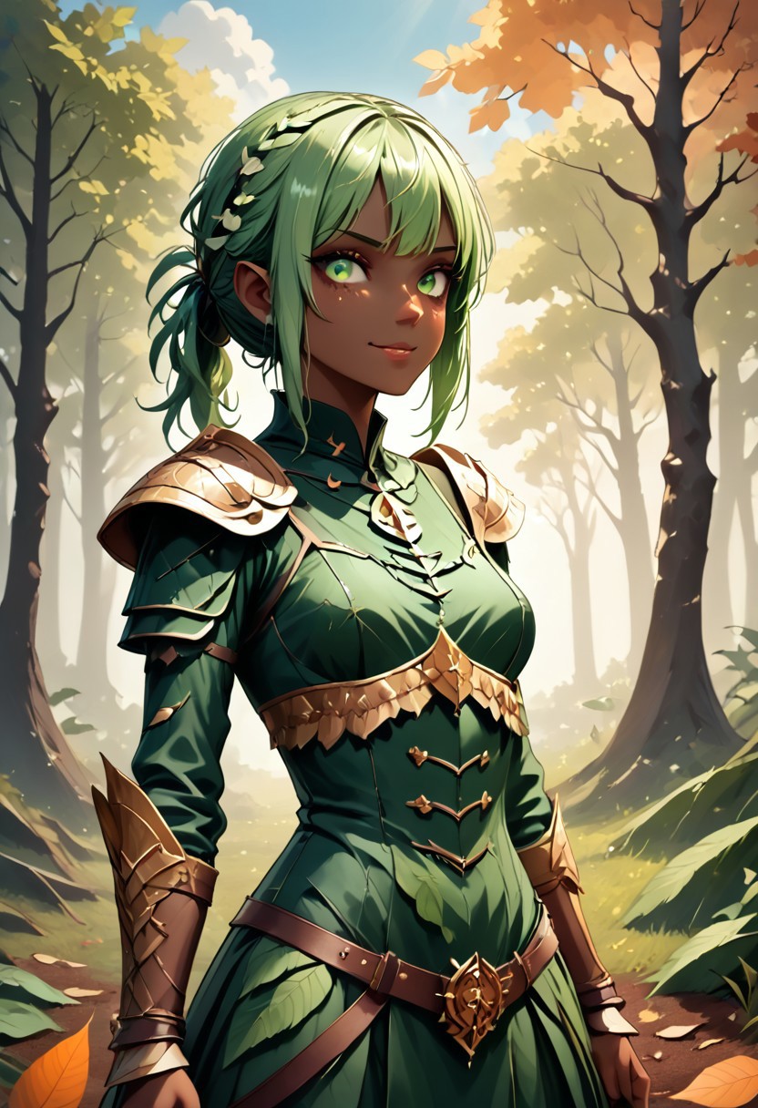 score_9, 1girl, Digital illustration featuring a fantasy-style elven character in a forest setting. The character is A 25-year-old goth darkelf with perfect face and perfect well-endowed hourglass figure lime green hair in long messy hairstyle. She is a darkelf with bleak dark skin and pointy ears, beautiful smile. she is dressed in full medieval-style armor, including shoulder plates, wrist guards, and a belt with a green cloth skirt adorned with various pouches and metal accents. The background is a lush, green forest with sunlight filtering through the trees, creating a mystical atmosphere. The character's facial expression is stern and determined, with green eyes and detailed tattoos on her arms.  WORLD MORPH LEAVES, RED LEAVES, DEAD LEAVES, PLANT GIRL, F41Arm0rXL