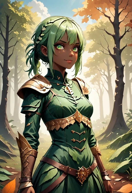 score_9, 1girl, Digital illustration featuring a fantasy-style elven character in a forest setting. The character is A 25-year-old goth darkelf with perfect face and perfect well-endowed hourglass figure lime green hair in long messy hairstyle. She is a darkelf with bleak dark skin and pointy ears, beautiful smile. she is dressed in full medieval-style armor, including shoulder plates, wrist guards, and a belt with a green cloth skirt adorned with various pouches and metal accents. The background is a lush, green forest with sunlight filtering through the trees, creating a mystical atmosphere. The character's facial expression is stern and determined, with green eyes and detailed tattoos on her arms. WORLD MORPH LEAVES, RED LEAVES, DEAD LEAVES, PLANT GIRL, F41Arm0rXL