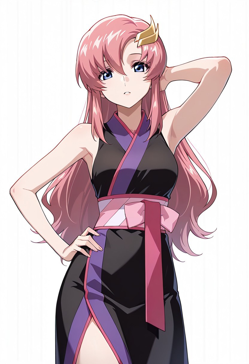 masterpiece, best quality, 1girl, cute, Lacus Clyne, wearing kimono, bare shoulders, bare arms, white background, empty void, (cowboy shot: 1.5), looking at view, one hand on hip, one hand behind head,