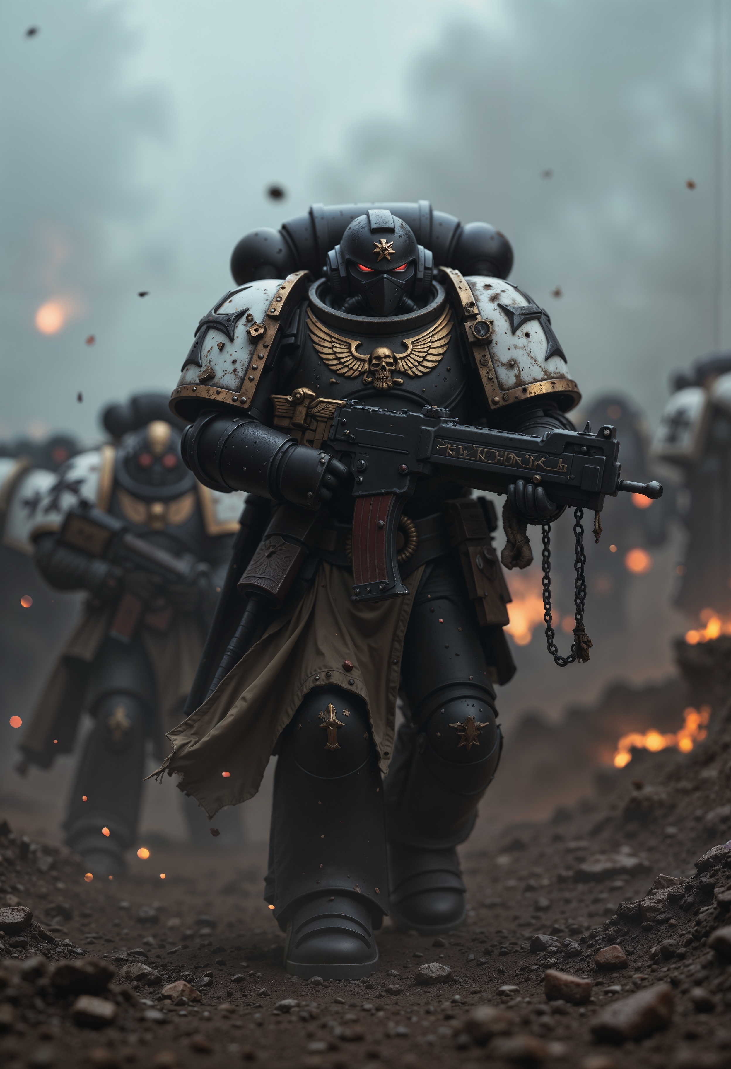 BlackT40k, large space marine walking in a battlefield with an army behind him, <lora:FluxBlackT40k:1>